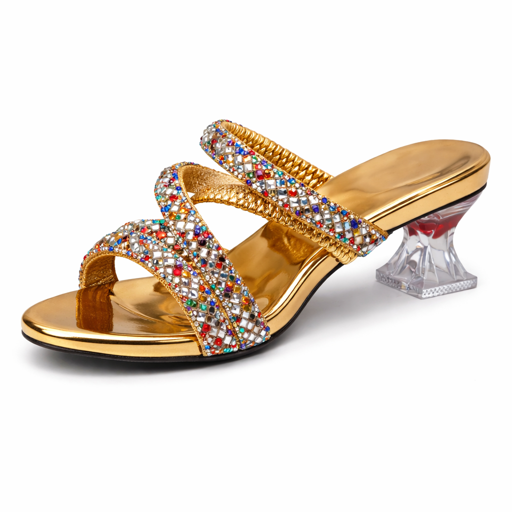 Embellished Heeled Sandals with Rhinestone Strap Design